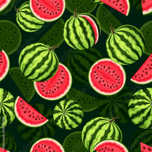 Seamless pattern with watermelons and watermelon slices on a dark green background. Vector seamless print