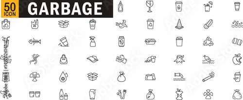 Garbage and waste outline icon set. Trash, pollution, recycle, landfill, bin, food waste, plastic, and environmental cleanup.