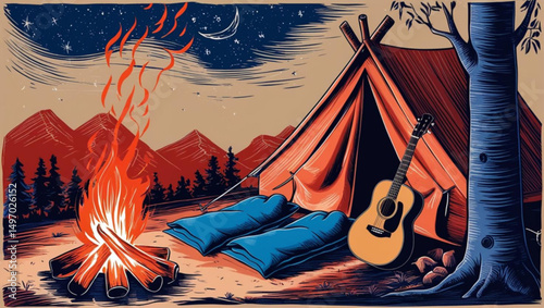 guitar on outdoor campfire holiday