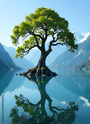 Colossal Ancient Green Tree Reflected in Crystal-Clear Lake, Snow-Capped Mountains at Dawn