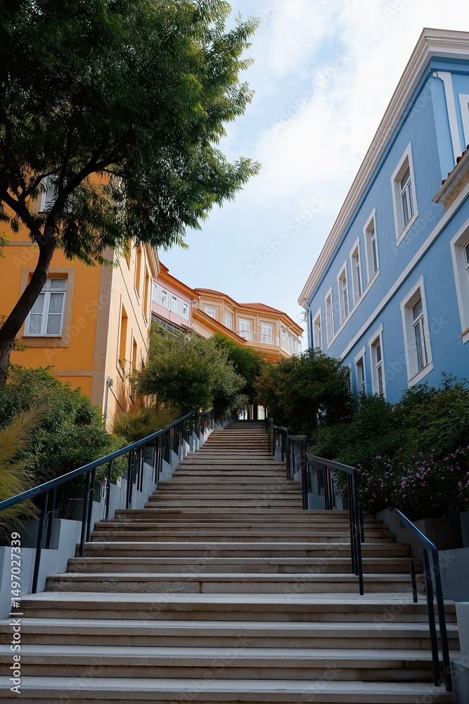 A street with two blue buildings and a yellow building. The yellow building has a balcony. The stairs are made of concrete and are very steep A street with two blue buildings and a yellow building. The yellow building has a balcony. The stairs are made of concrete and are very steep
