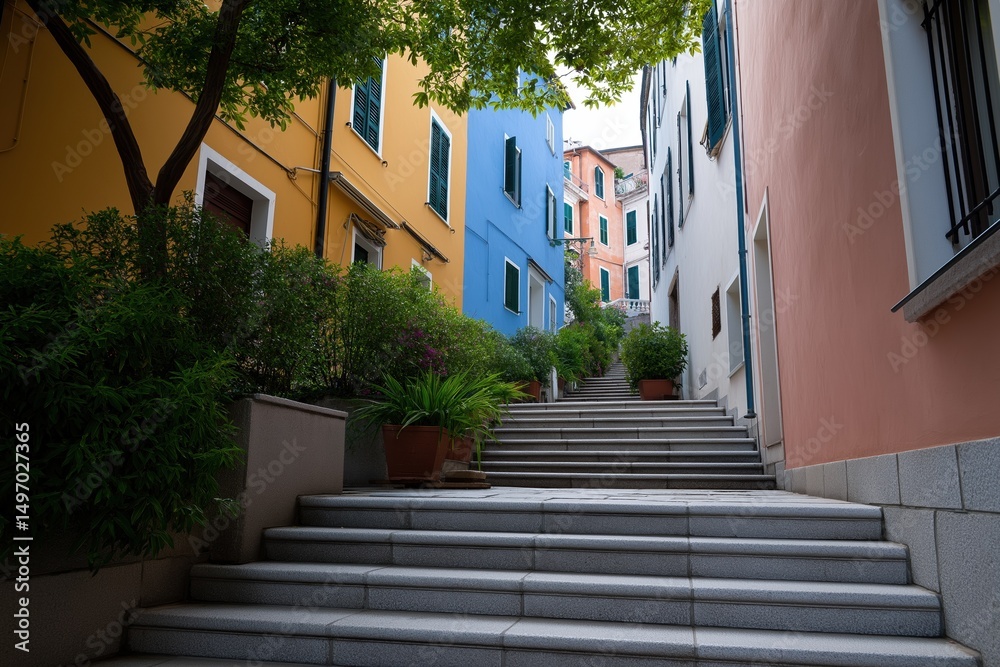 Fototapeta premium A narrow alleyway with colorful buildings and a tree in the middle. The street is lined with potted plants and has a stone staircase leading up to the top