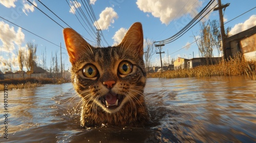 A tabby cat swims in a flooded wasteland
