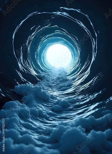 Ethereal Icy Blue Water Tunnel Amid Churning Waves, Mysterious Light at End