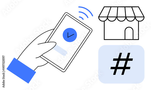 Smartphone with payment approval, retail shop icon, and metadata tag symbol. Ideal for payment systems, fintech, e-commerce, online shopping, retail business, contactless payment simple landing page