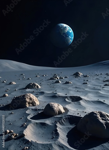 Moon Surface with Distant Vibrant Blue Earth and Warm Golden Light Casting on Lunar Rocks, Futuristic Space Scene Digital Art Illustration