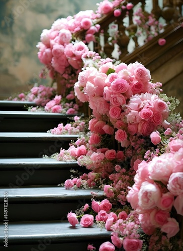 Staircase Adorned with Cascading Pink Roses, Lush Floral Display, Intricate Designs, Elegant and Romantic Decoration with Overall Beauty