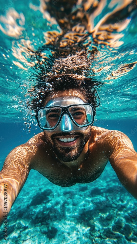 Naklejka premium Underwater Adventure: A Smiling Man's Underwater Selfie