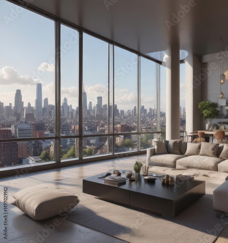 Panoramic city view from luxury condo penthouse, highrise, sunrise