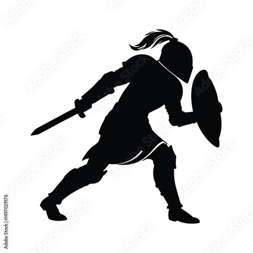 Black silhouette of Greek Warrior Marching with Spear and Shield isolated white background