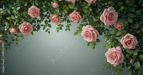 Classic rose bloom, lush green leaves, central empty space , photo, plant, macro
