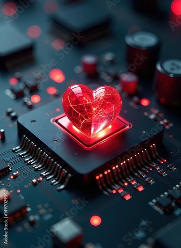 Crystalline Red Heart Emerging from Microchip, Surreal Fusion of AI Technology and Battle Armor in Award-Winning Cinematic Photography
