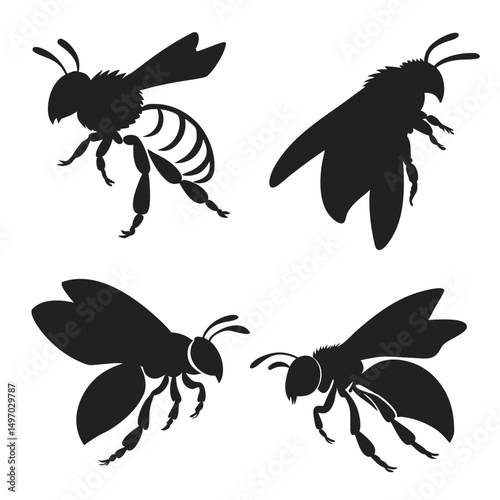 Set of black silhouettes of insects, Honey bee set vector illustration isolated white background
