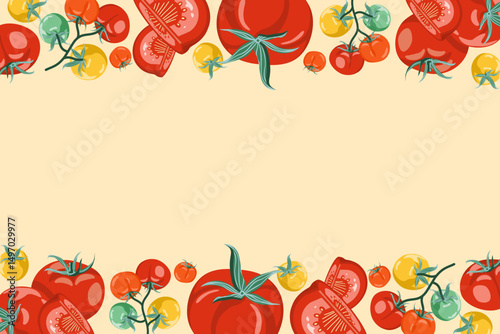 Tomato border background with red and yellow tomatoes. Perfect for recipes, fresh food, or healthy eating themes.