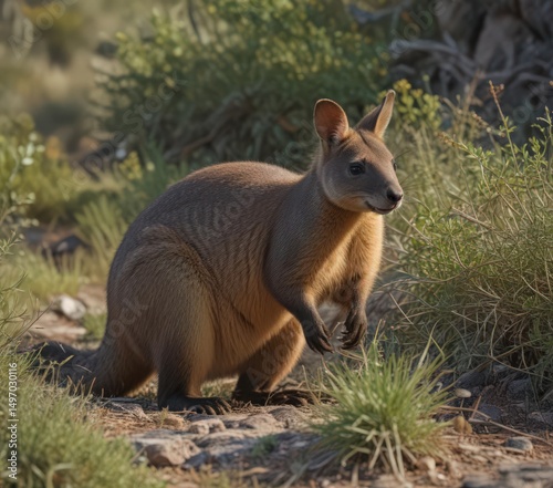 Rock wallaby grazing amongst sparse vegetation, mammal, australia, grass