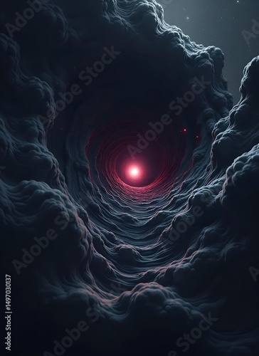 CGI Digital Artwork of a Mysterious Black Vortex with Red and White Energy Core, Surrounded by Cosmic Gas and Nebula in a Sci-Fi Space Scene