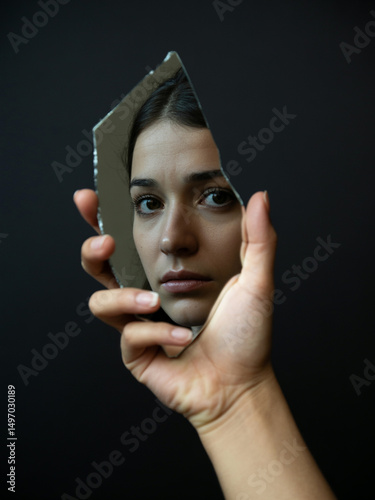 A dramatic, close-up portrait photograph captures a woman's face reflected in a jagged shard of a broken mirror, held delicately in a slender hand