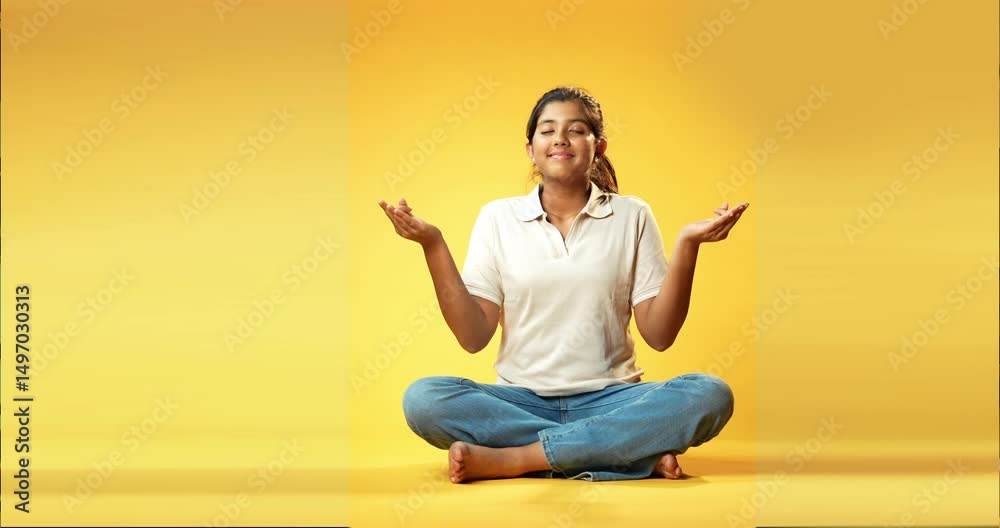 Girl Doing Mudra or Pranam, Indian Asian Schoolgirl Sitting Cross-Legged with Eyes Closed on Yellow Seamless Background Practicing Meditation with Hand Gesture for Calm Mindfulness and Inner Peace