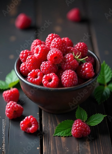 Close-up top-down view of dark rustic bowl filled with vibrant red raspberries, green leaves on aged wooden surface, dramatic lighting, rich saturated colors, natural freshness