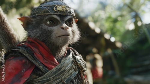 Monkey-like creature with headdress and red shawl gazes pensively into the distance