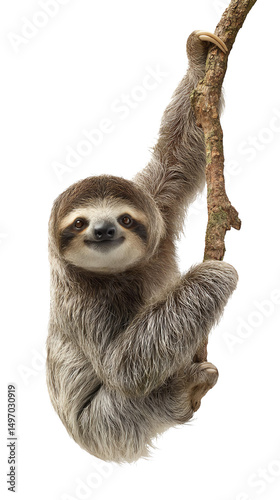 A sloth hanging from a tree branch calmly. isolated on white background