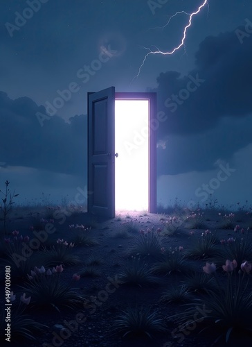 Surreal Dark Door in Dreamy Field Emitting Intense White Light, Leading to Another Dimension, Mystical Blue and Purple Cosmic Scene