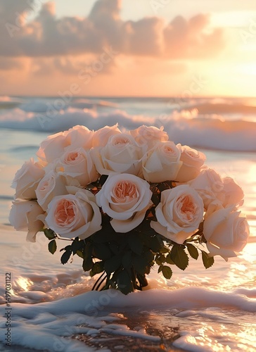 Eternal White and Pink Roses Bouquet on Oceanside Beach at Sunset with Soft Orange Light Vibe, Highly Detailed, Ultra HD 32K, Masterpiece Quality