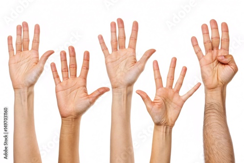 Hands Raised A diverse group of open palms counting and gesturing
