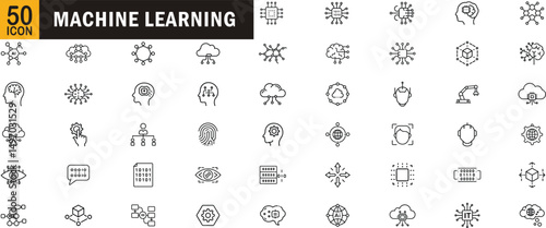 Machine learning editable outline icon set. AI, neural, data, algorithm, brain and more.