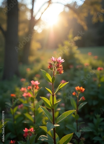 Outdoor Floral Still Life with Depth of Field and Blurred Background, Sunlight Reflections on Branches and Leaves in a Natural Scenic Setting