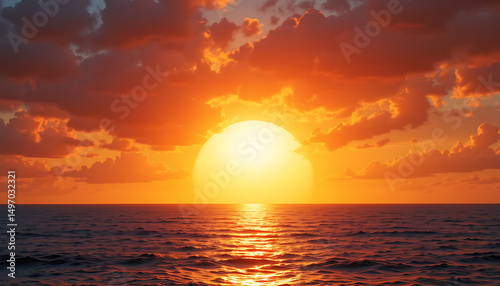 Breathtaking wide-angle shot of a vibrant sunset over the tranquil ocean, with the large, golden sun dipping towards the horizon and casting a fiery glow across the water and dramatic clouds.