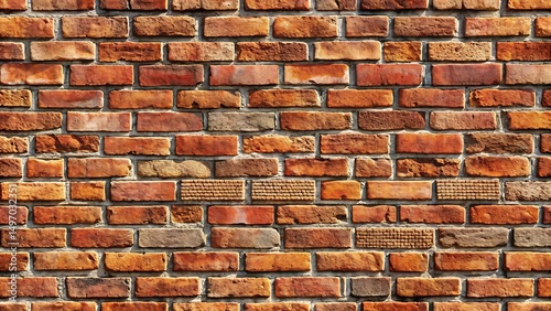A red brick wall shows a detailed, weathered facade with varied textures, adding depth