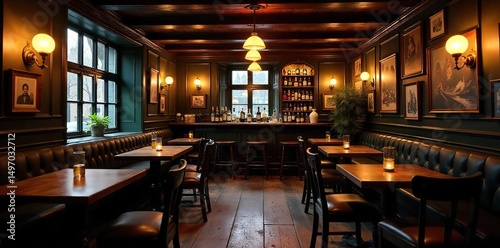 Cozy English pub interior, warm lighting, dark wood, inviting atmosphere, perfect for a pint and good company  Traditional decor, comfortable seating ,  atmosphere,  warmth,  table