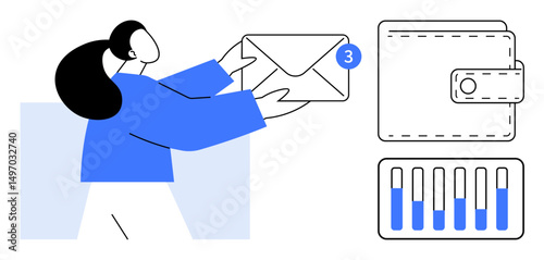 Female figure holding an envelope with notification badge in focus, accompanied by wallet icon and data visualization chart. Ideal for communication, finance, email, analysis, notifications, digital