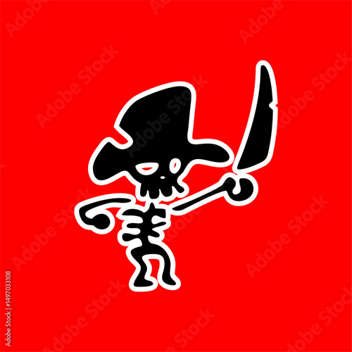 Cartoon Pirate Skeleton with Sword on Red Background

