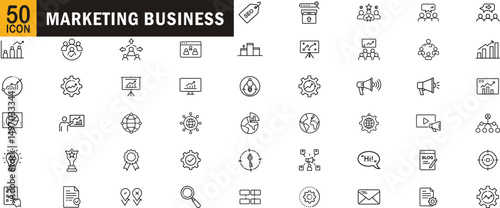 Marketing business editable outline icon set. SEO, strategy, analytics, branding, campaign and more.