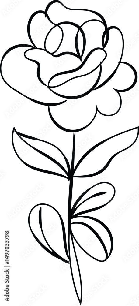 Obraz premium Simple Line Drawing of a Rose Flower with Leaves