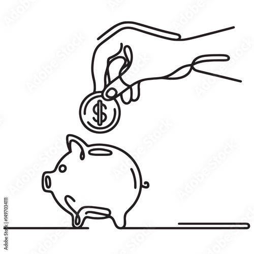 piggy bank with money  vector illustration simple one line drawing