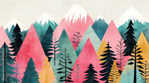 Minimalist mid century modern forest with colorful trees and hills folk art postcard card style watercolor abstract artistic vacation outdoors camping travel nature background copy space