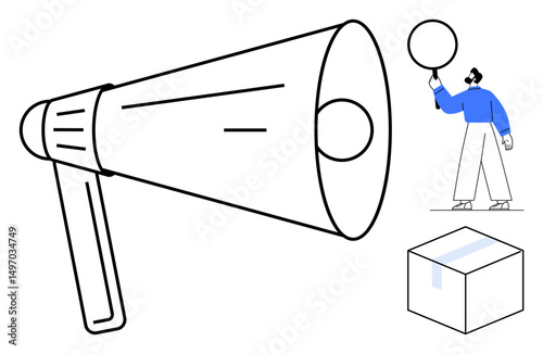 Oversized megaphone, person with raised speech bubble, and small box. Ideal for marketing, branding, leadership, communication ideas, teamwork, advertising public speaking simple landing page