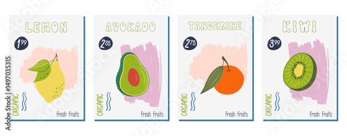 Lemon, avocado, tangerine, kiwi. Vibrant colors set of fruit posters. Cute vintage cards, posters, price tags. Hand drawn flat design vector illustrations.
