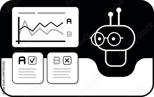 Minimalist landscape graphic showing a chatbot analyzing bar graphs and charts. Ideal for presentations, dashboards, UX design or tech communication. Format: EPS + JPG (1920×1080).