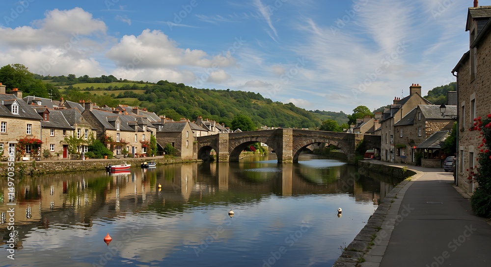 Fototapeta premium A travel destination showcasing Dinan's stone bridge, reflected in the river under a clear sky.