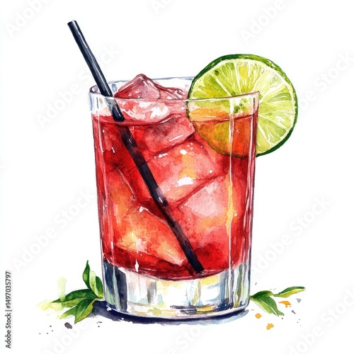 Watercolor illustration of a red cocktail (2)