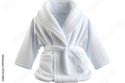 A plush white bathrobe with a tie belt and pockets isolated against a black background