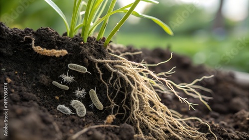 Close-up interaction of microbes on roots in soil with plant crops