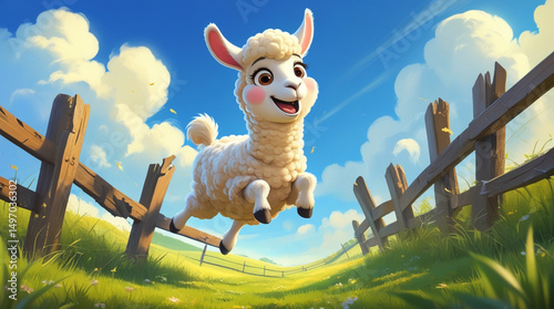 AI Generative. Happy Llama Jumping Over a Fence. 2