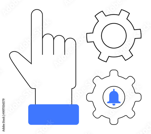 Pointing hand gesture with gear icons, one containing a bell. Ideal for technology, navigation, notifications, user interface, productivity, digital tools, and a simple landing page