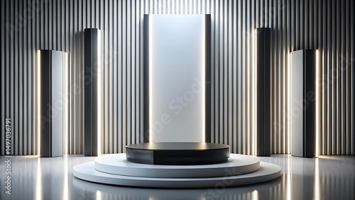 Cylindrical platforms and columnar structures create a reflective, modern stage with a backdrop of linear panels