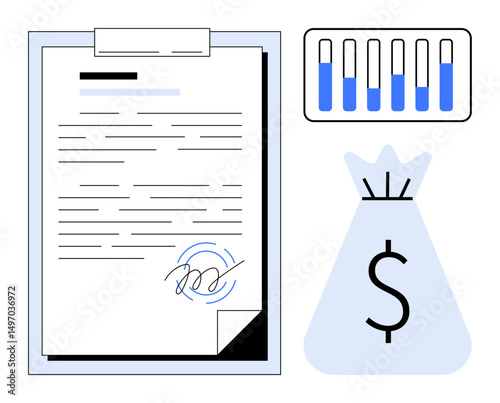 Signed document on clipboard, money bag with dollar sign, and bar graph. Ideal for finance, contracts, investments, business agreements, savings, transactions simple landing page